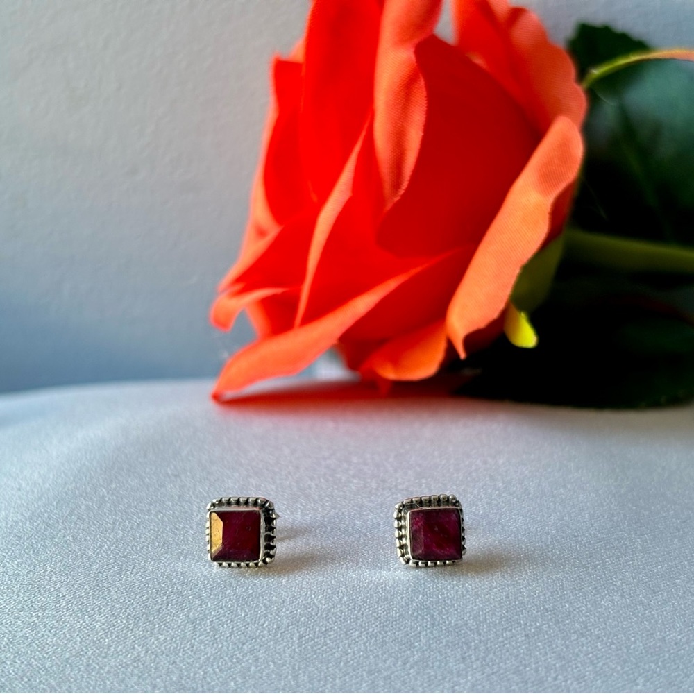 Sterling Silver Natural Ruby Bezel Set Earrings - image 2